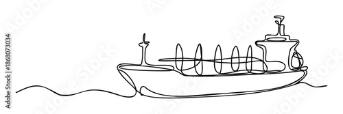 Modern one line drawing of a large cargo ship transporting goods across the ocean, perfect for logistics presentations, shipping industry publications, or global commerce branding.