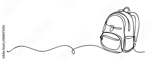 Continuous line drawing of a school backpack with an expressive wavy trajectory, great for back to school promotions, student resource guides, or educational program materials.