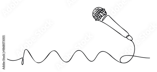 A single continuous line drawing depicts a classic microphone with an undulating cable, symbolizing sound, communication, and performance for media, entertainment, and public speaking