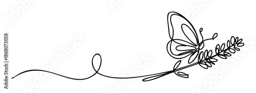 Elegant minimalist one line drawing of a flying butterfly gracefully landing on a delicate flower sprig perfect for sophisticated branding, stationery, or nature themed decorative projects