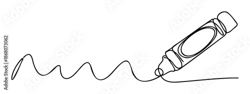 Continuous single line drawing depicting a creative crayon writing a flowing wavy scribble, ideal for educational materials, child activity books, or graphic elements in stationery