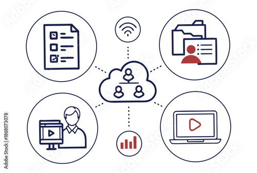A vector graphic illustrating cloud computing and data sharing with various icons