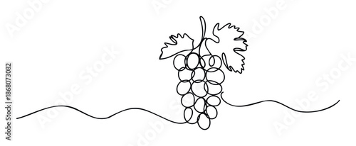 Single continuous line drawing of a luscious grape cluster with vine leaves, perfect for wine labels, restaurant menus, agricultural branding, or beverage company advertisements.