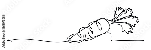 Minimalist continuous line drawing of a fresh carrot with green leaves, perfect for healthy food branding, organic market promotions, vegetable garden themes, or healthy lifestyle content.