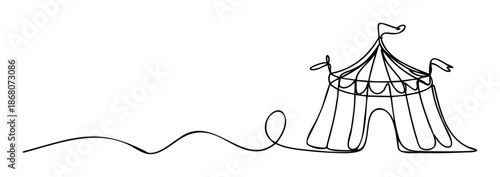 Minimalist continuous line drawing depicting a charming big top circus tent with flags, ideal for event posters, invitations, entertainment branding, or playful childrens themed projects.