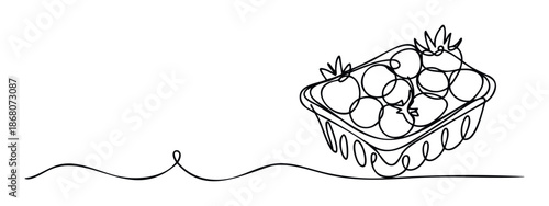 Minimalist oneline drawing of a container with fresh tomatoes for healthy eating promotions, grocery store advertisements, or organic food packaging concepts.