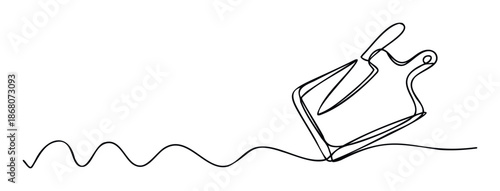 A fluid continuous line drawing depicting a kitchen knife and a cutting board, perfect for culinary blogs, food preparation graphics, and kitchen utensil branding materials.