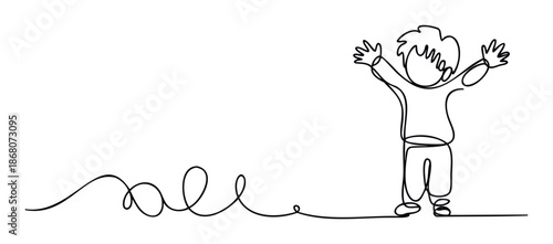 Continuous line drawing of a happy child with arms outstretched, celebrating a moment of joy, perfect for themes of childhood, success, or freedom for various projects.