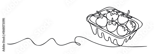 A continuous line drawing of fresh ripe tomatoes in a plastic container, perfect for food packaging concepts, healthy eating promotions, or minimalist culinary branding.