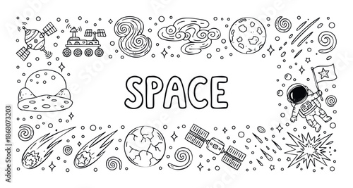 Engaging space themed border with hand drawn cosmic objects like stars, planets, satellites, and a cosmonaut for educational materials and childrens activities
