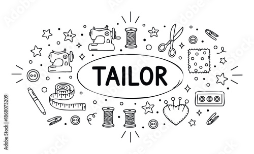Handdrawn black outline doodle style collection of tailor and sewing tools, perfect for craft shop branding or DIY project materials