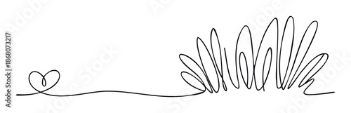 Minimalist black continuous line drawing illustrating a graceful heart connected to abstract plant elements, ideal for elegant graphic design and decorative visual concepts.