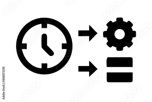 A vector graphic illustrating time management and productivity with a clock, gear, and equals sign