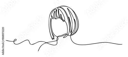 Minimalist continuous line drawing of a figures head with a bob haircut and bangs, ideal for modern graphic branding projects and creative presentation materials.