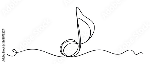 Continuous line drawing of a musical eighth note flowing into a wavy sound wave, perfect for musicrelated branding, event promotions, educational materials, and entertainment industry