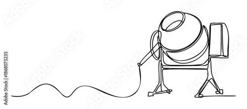 Continuous line drawing of a cement mixer symbolizing construction and industrial development, perfect for building company promotions, engineering website graphics, or architectural