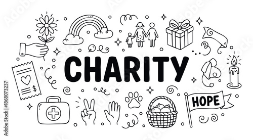 Hand drawn charity themed composition featuring various doodle icons symbolizing community support, compassion, and hope, ideal for social media posts and awareness campaigns.
