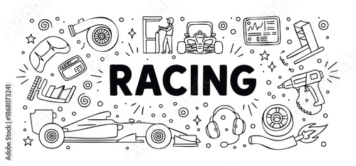 Dynamic racing themed doodle with handdrawn elements like a formula car, pit crew, and tools, perfect for automotive blogs, sport event promotions, and enthusiast merchandise