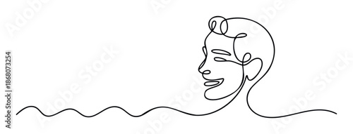 Minimalist continuous line drawing of a smiling persons face in profile with dynamic wavy lines representing joy and fluidity for modern communication graphics and branding materials