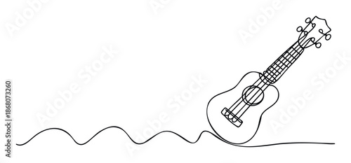 Minimalist continuous line drawing of a small ukulele instrument creating a wavy musical sound wave graphic, ideal for music school branding or lighthearted entertainment themes