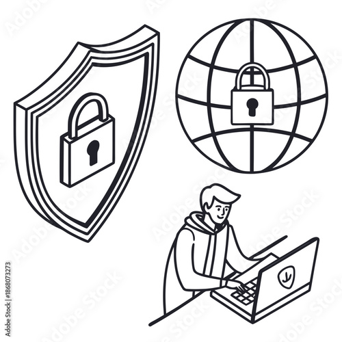 A vector graphic illustration of a man working on a laptop with security symbols