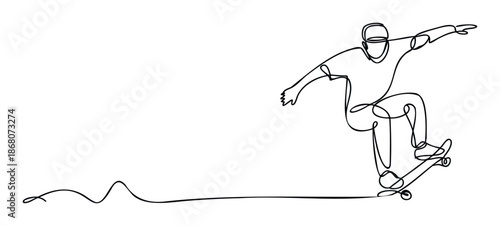 Dynamic continuous line drawing of a skateboarder performing a thrilling trick, perfect for sports event promotions, youth culture graphics, or minimalist active lifestyle branding