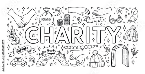 Charity themed doodle illustration featuring symbols of giving, support, and community, perfect for nonprofit promotions, educational resources, and social awareness campaigns.