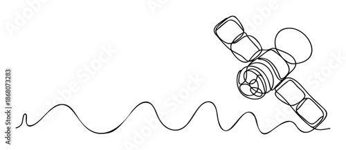 Modern continuous line drawing of a communication satellite transmitting a wavy signal, perfect for technology, global connection, and digital communication projects and presentations.