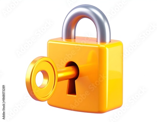 Shiny orange padlock with a key inserted, rendered on a white backdrop