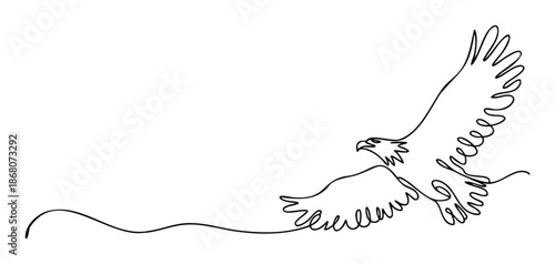 Dynamic continuous line drawing of a majestic flying eagle symbolizing freedom and power, ideal for logos, branding, or naturethemed graphic projects for various media.