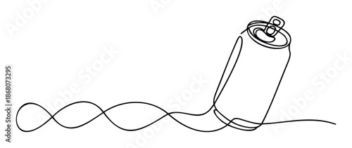 Continuous line drawing of a refreshing open aluminum beverage can with a dynamic wavy liquid trail extending, perfect for illustrating fluid motion or drink concepts.