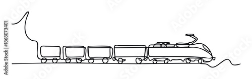 Dynamic continuous line drawing featuring a modern high speed train with multiple carriages representing journey and connection useful for educational content and transportation graphics