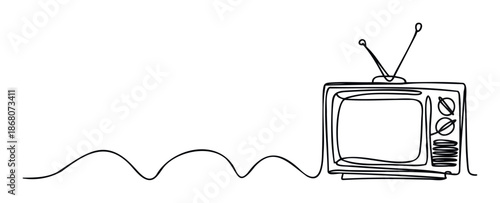 Elegant continuous single line drawing of an old classic television with an antenna, symbolizing broadcasting, vintage technology, and media content, useful for creative graphic projects