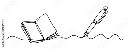 Continuous line drawing of an open book and a writing pen creating a wavy line, perfect for educational materials, literary blogs, stationery branding, or creative communication projects.