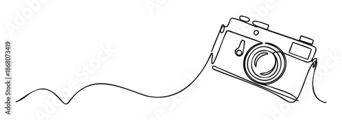 Minimalist continuous line drawing of a vintage camera creating a modern graphic for photography websites, creative blogs, or event invitations.