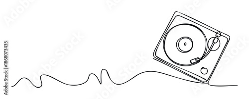 Discover this modern continuous line drawing of a record player, creating an engaging visual for musicthemed advertisements, events, and entertainment industry branding.