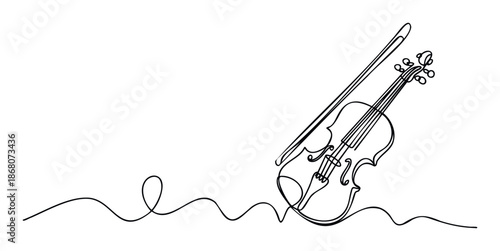 Stylish continuous one line drawing capturing the elegant form of a classic violin with a bow, ideal for music studio logos, classical concert advertisements, or educational material covers.