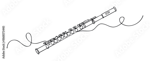 Minimalist continuous line drawing of a classical flute with decorative swirls, perfect for music school branding, concert promotion materials, or educational resources celebrating