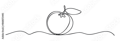 Simple continuous outline depiction of a fresh whole apple with a small leaf and wavy ground line, ideal for healthy eating campaigns, fruit market labels, or natural product packaging.