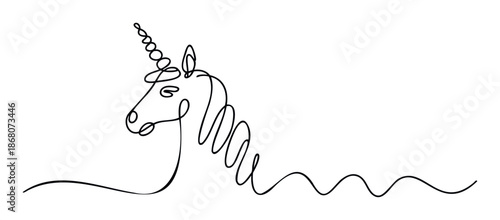 Elegant continuous line drawing of a majestic unicorn head with a spiraled horn and flowing mane, perfect for mythical themes, magical branding, or modern decorative accents in various