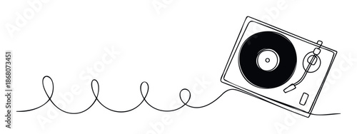 A continuous single line drawing depicts a classic vinyl record player with a spinning disk, perfect for music store promotions, album cover designs, or soundrelated presentations.
