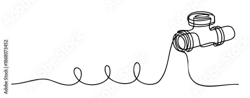 Minimalist continuous line drawing depicting an industrial plumbing pipe fitting with a valve connected by a winding conduit, perfect for engineering, construction, or abstract industry