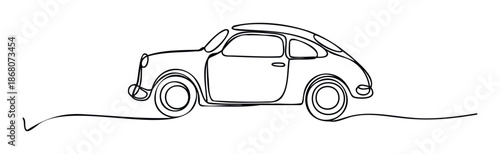 A minimalist single line drawing of a vintage car ideal for modern graphic design projects and illustrations related to travel transportation and mobility solutions.