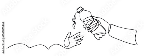 Continuous line drawing depicting a hand pouring water from a plastic bottle into another hand, symbolizing hydration, charity, relief, and human connection, suitable for health, wellness,