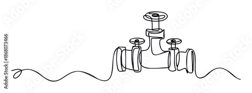 Continuous line drawing of a plumbing pipe with control valves symbolizing connection and utility, suitable for engineering, industrial, or modern technology branding and visual