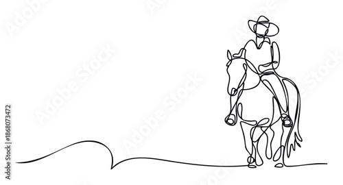 A flowing single stroke drawing portraying a western cowboy riding a horse, perfect for creating memorable logos, engaging presentations, or distinctive themed publications.
