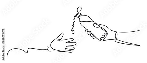 Minimalist continuous line drawing showing one hand extending a bottle to another reaching hand, conveying concepts of giving, sharing, and helping others for various social and charitable