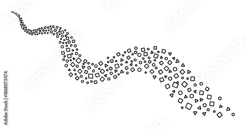 Abstract flowing stream of varied geometric shapes like circles, squares, and triangles, depicting transformation and movement for contemporary graphic projects or digital media applications