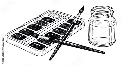 Detailed sketch of watercolor painting kit including a pan palette, two paintbrushes, and a water glass, perfect for educational resources and craftrelated publications.