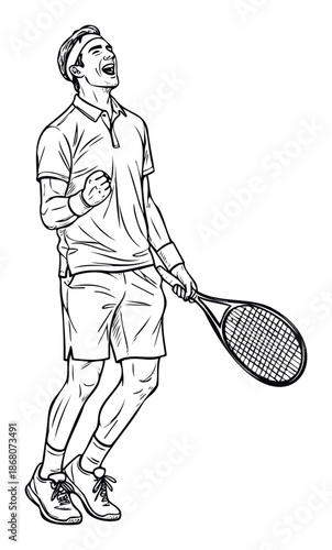 Excited male tennis player cheering a point with clenched fist and racket, ideal for conveying sporting success and competitive spirit in athletic promotions